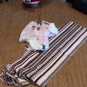Old Navy Pink and Brown Striped Scarf, Yukon Hat, Rabbit Fur